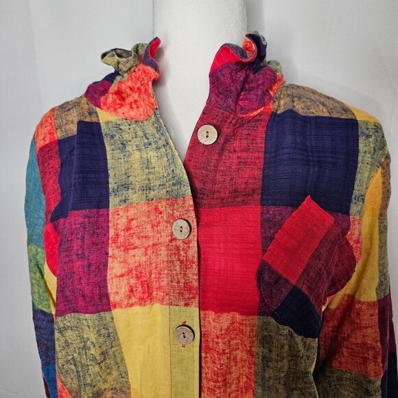 TERRA SJ Apparel Patchwork Multicolor Button Shirt Ruffle Collar Tunic Large - Picture 5 of 13